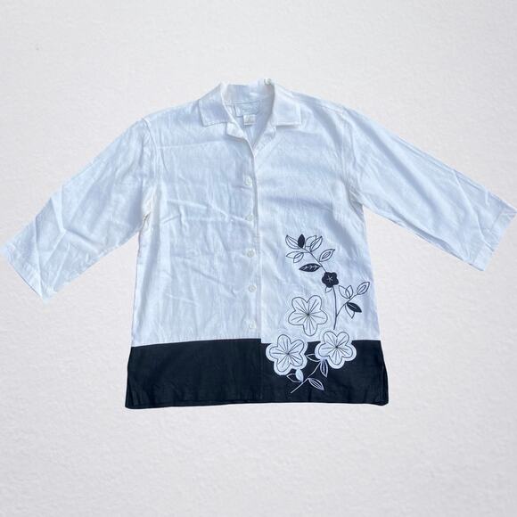 Floral embroidered top black and white button up, boho chic bohemian hippie - Picture 1 of 7